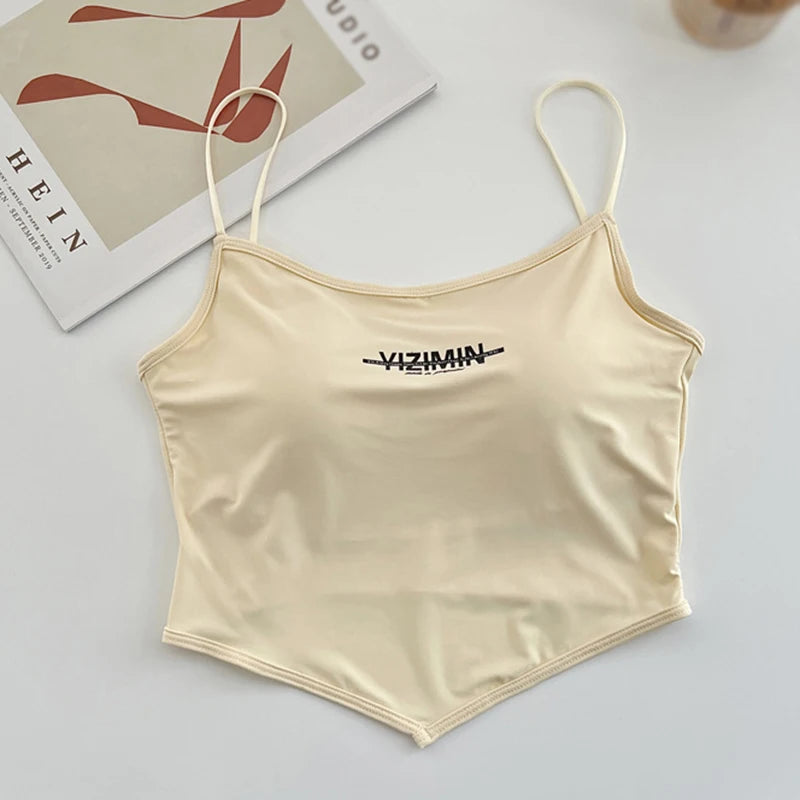 Summer Ice Silk Sling Camisole For Women With Built In Bra Letter Print Slim Wrapped Chest Sexy Casual Versatile Crop Top