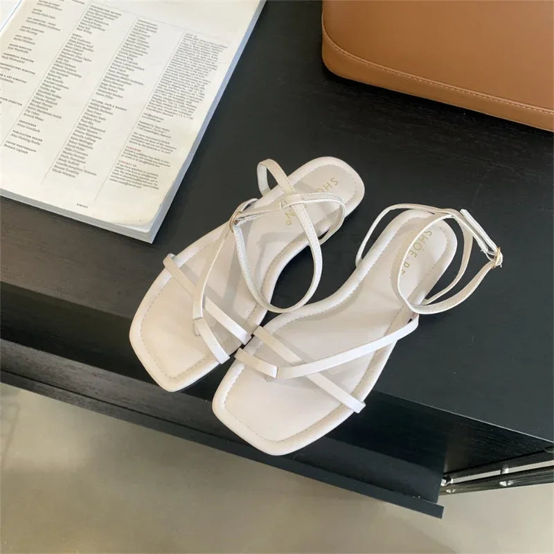 2025 Summer New Women Sandal Fashion Open Toe Narrow Band Ladies Elegant Gladiator Shoes Outdoor Dress Flats Sandalias