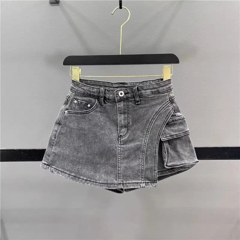 Denim Shorts Skirt Irregular Big Pockets Cargo High Waist Women Wash Grey Short A-Line Mini Skirt 2024 Summer New Fashion