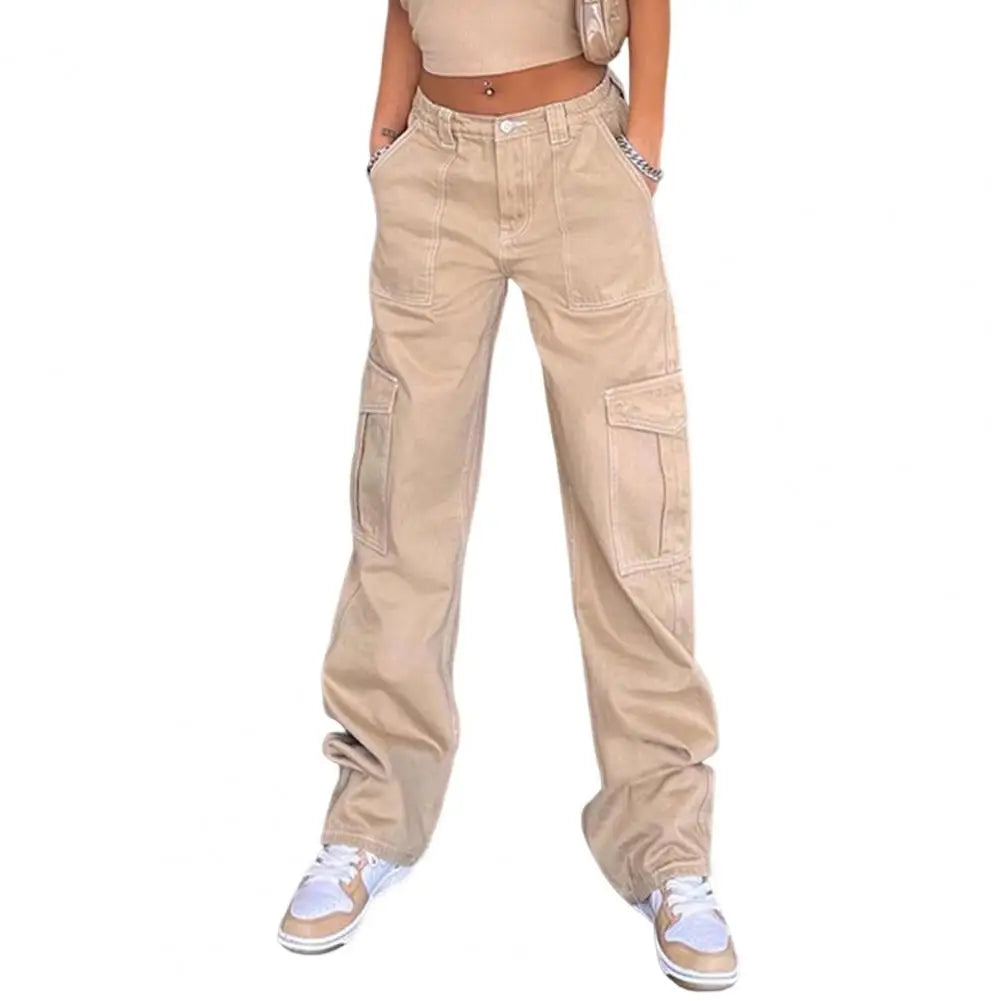 Women Cargo Pants High Waist Solid Color Loose Multi Pockets Full Length Soft Breathable Casual Streetwear Lady Trousers Khaki