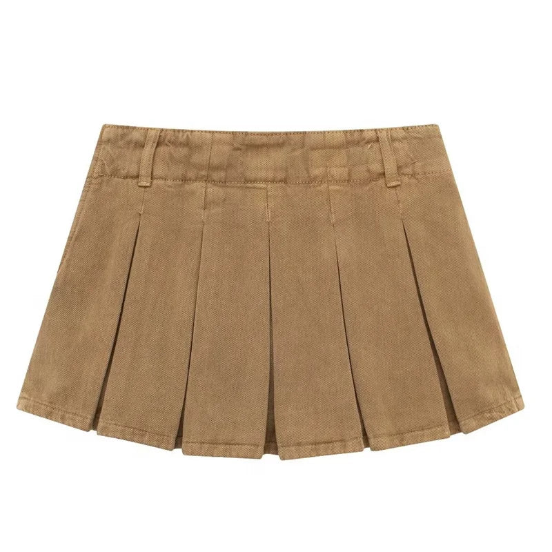 KEYANKETIAN 2024 Novo Lançamento Saia Plissada com Zíper Cintura Baixa Feminina American Retro Y2K Khaki A-Line Mini Culottes Spicy Girl Saia