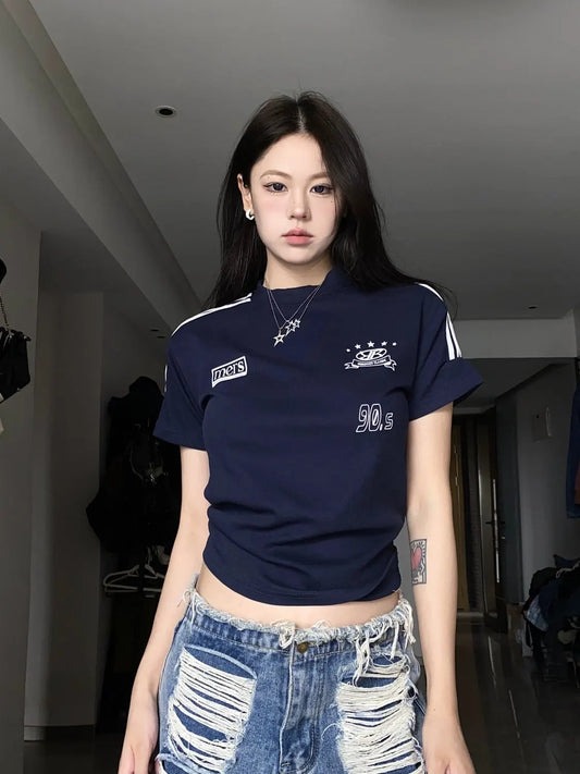 Summer American Retro Sports Style Short Cotton T-Shirt Women's Slim Three Stripes Hot Girl Right Shoulder Short Sleeve Trendy