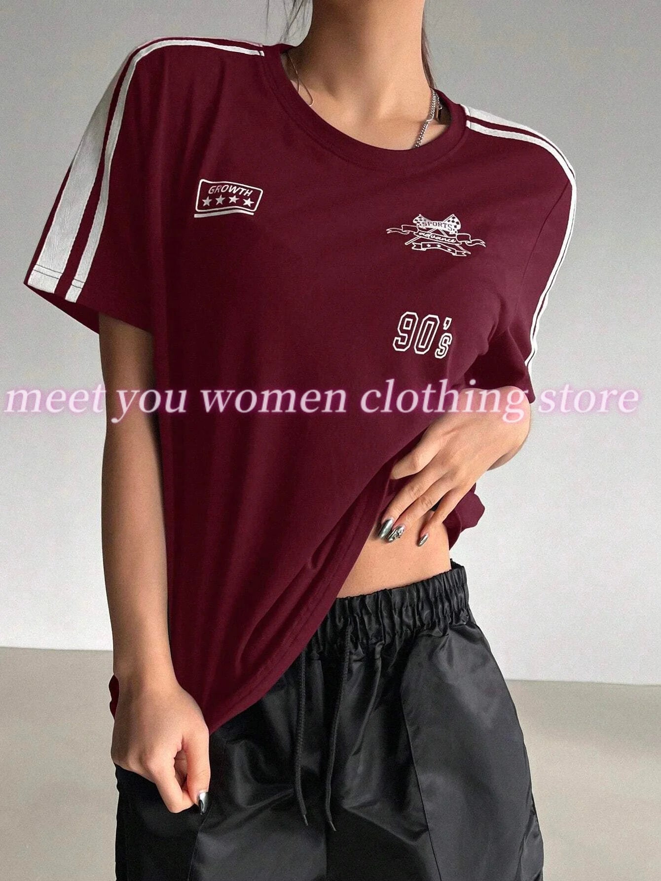 Summer 90s Bow stripe Print  t-shirt Y2K Hot Girl Clothes Women O-neck Short Sleeves Polyester Tops Oversized female Clothing