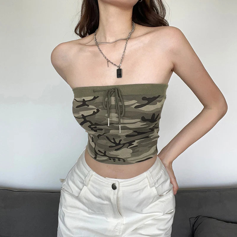 Lamuusaa Camouflage Tube Top y2k Women Summer Front Drawstring Off Shoulder Strapless Sleeveless Bandeau 2000s Streetwear ﻿