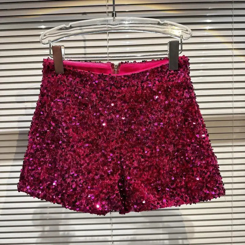 Novos shorts clubwear femininos sensuais com lantejoulas, shorts soltos, cintura alta, streetwear, pernas largas, calças curtas, prata, preto, roupas femininas