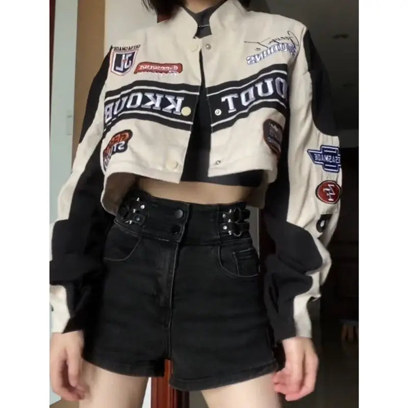 Embroidered American Baseball Suit for Women, Short Racing Jacket, Loose Jacket, Harajuku Clothing, Removable, Y2K, 2023, New