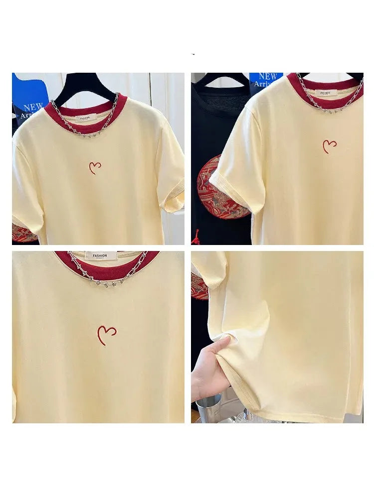 Ins Simple Style Little Heart Embroidery Lady T-shirt 2024 Harajuku Streetwear Chic Female Top Y2k New Summer Fashion Casual Tee