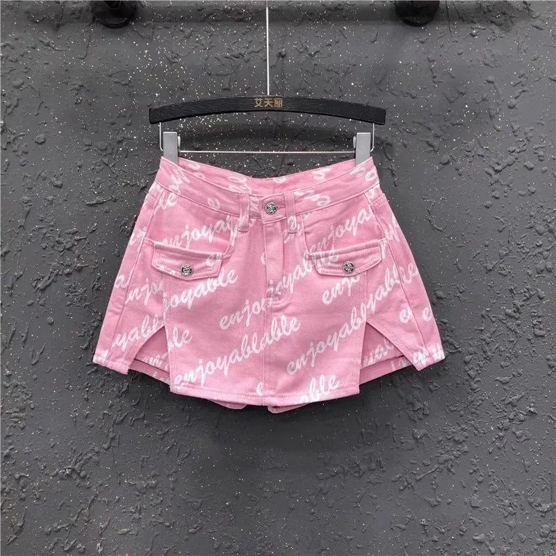 Women's Pink Slit A-line Denim Shorts Skirt 2024 Summer New High-waisted Slim Hip Skirt Korean Fashion Clothing