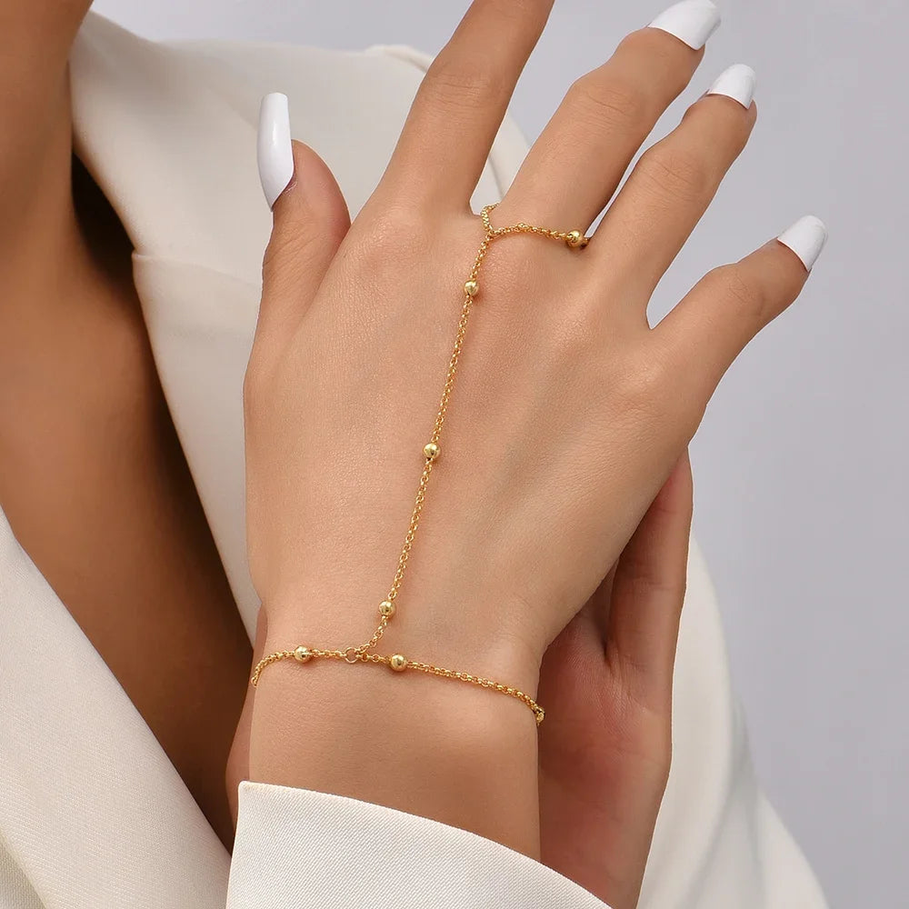 Dainty Hand Chain Bracelet Ring Gold Plated Handmade Link Chains Connecting Harness Bracelets Hand Jewelry for Women Trendy Gift