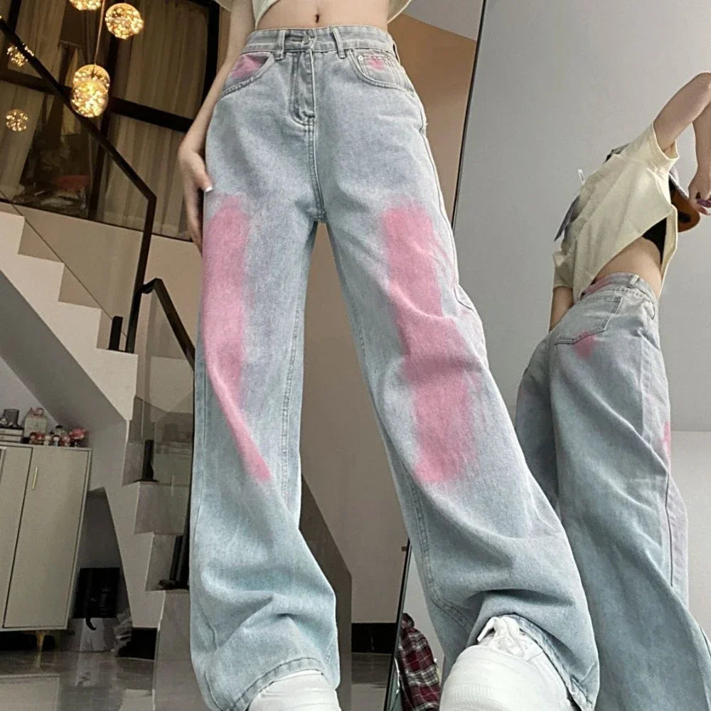 Pants for Women High Waist Shot Blue Womens Jeans Straight Leg Trousers with Pockets Retro Fashion Casual Cool Stretched Cheap A