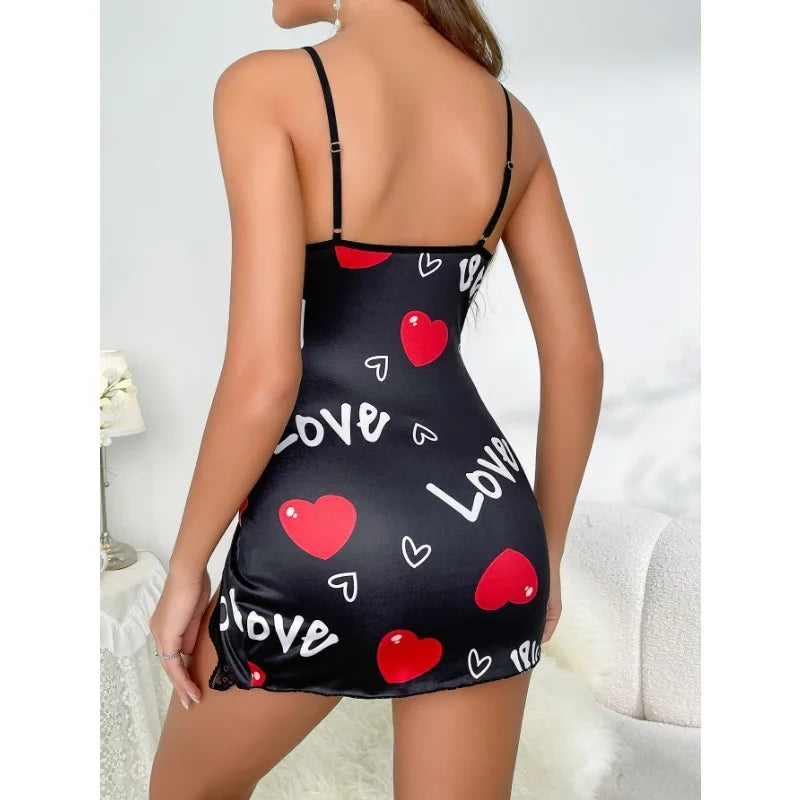 Nightwear Women Sexy Milk Silk Erotic Lingerie Slip Dress Backless Suspender Suspender Heart Print Loungewear Girl Sleepwear