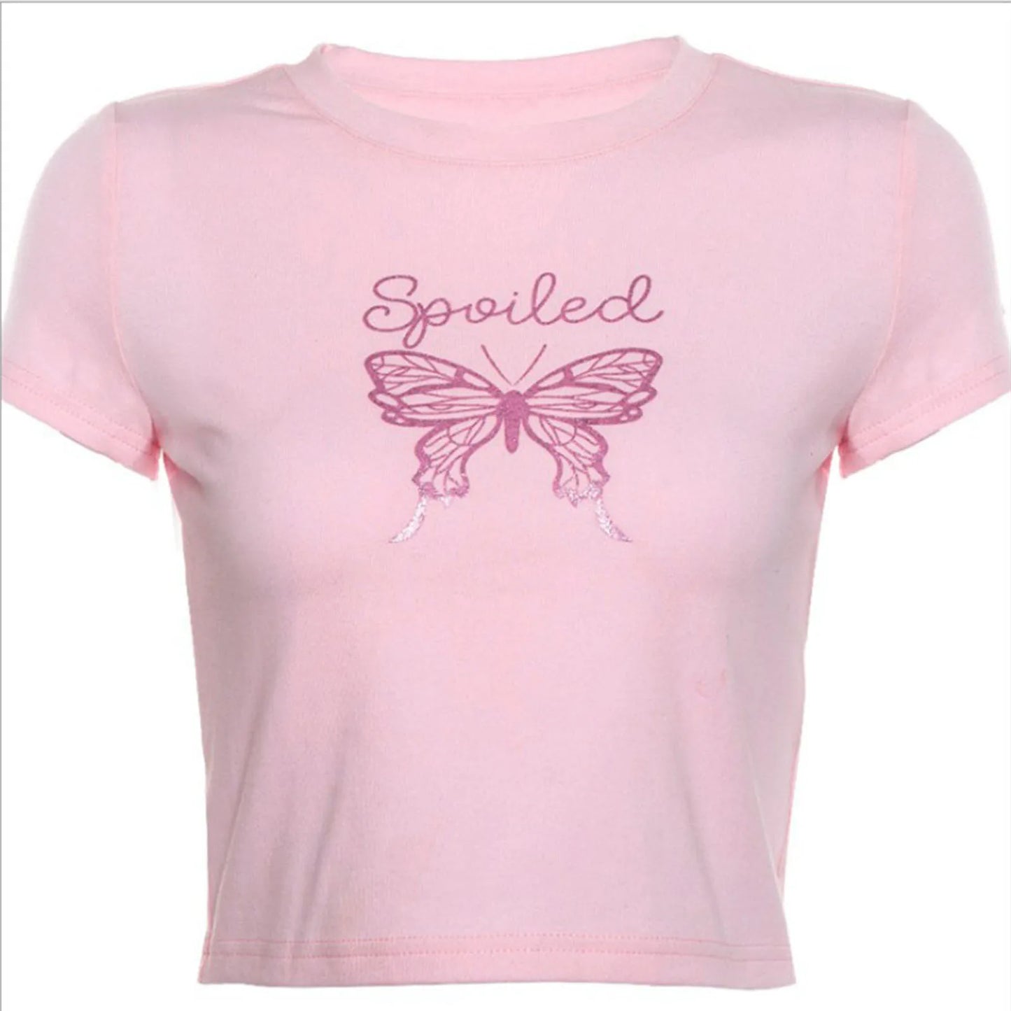 Cute E Girl Harajuku Pink T-Shirts Women Summer Casual Short Sleeve Glitter Butterfly Print Y2K Crop Top Fairy Aesthetic Clothes