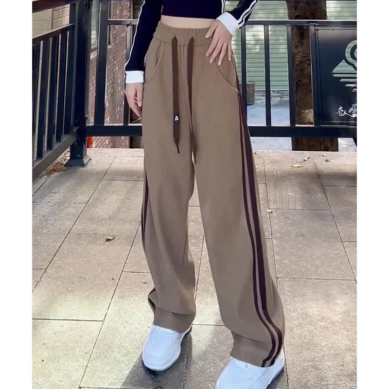 2023 Womens Summer New Solid Color Trousers Casual Drawstring High Waist Side Stripe Printing Patchwork Pockets Wide Leg Pants