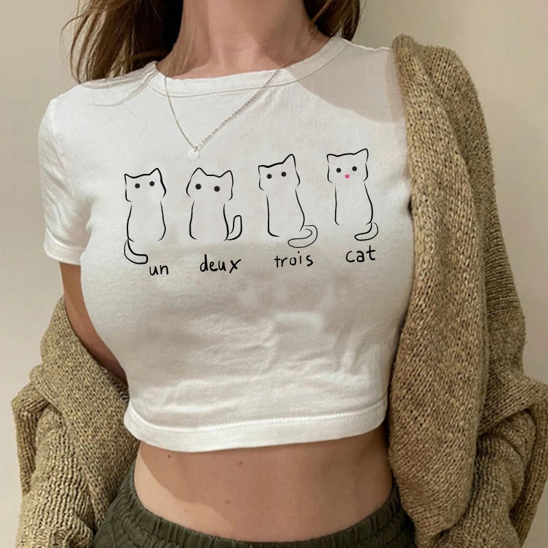 Women 2000s Sweet Funny Cat T Shirt Crop Top Women Shirt Cropped Ulzzang T-shirt 90s Tshirt Top Tee Female Gothic Shirt