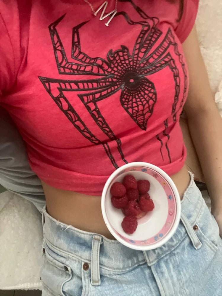 Spider Print Y2K Women Baby Tee Streetwear Vintage Letter Crop Summer Punk Casual Trash Basic Goth Slim Short Sleeve T-Shirt emo