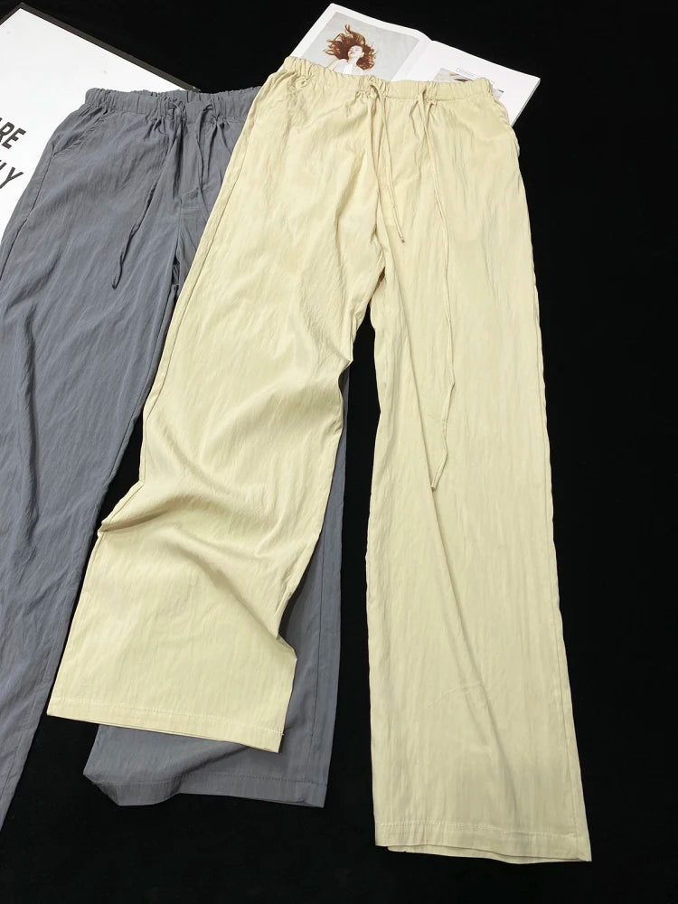 [YOZOU] Summer Thin Comfort Fluid Wide Leg Pants Pink Black Green Gray Khaki Trousers Oversized Loose Korean Solid Streetwear