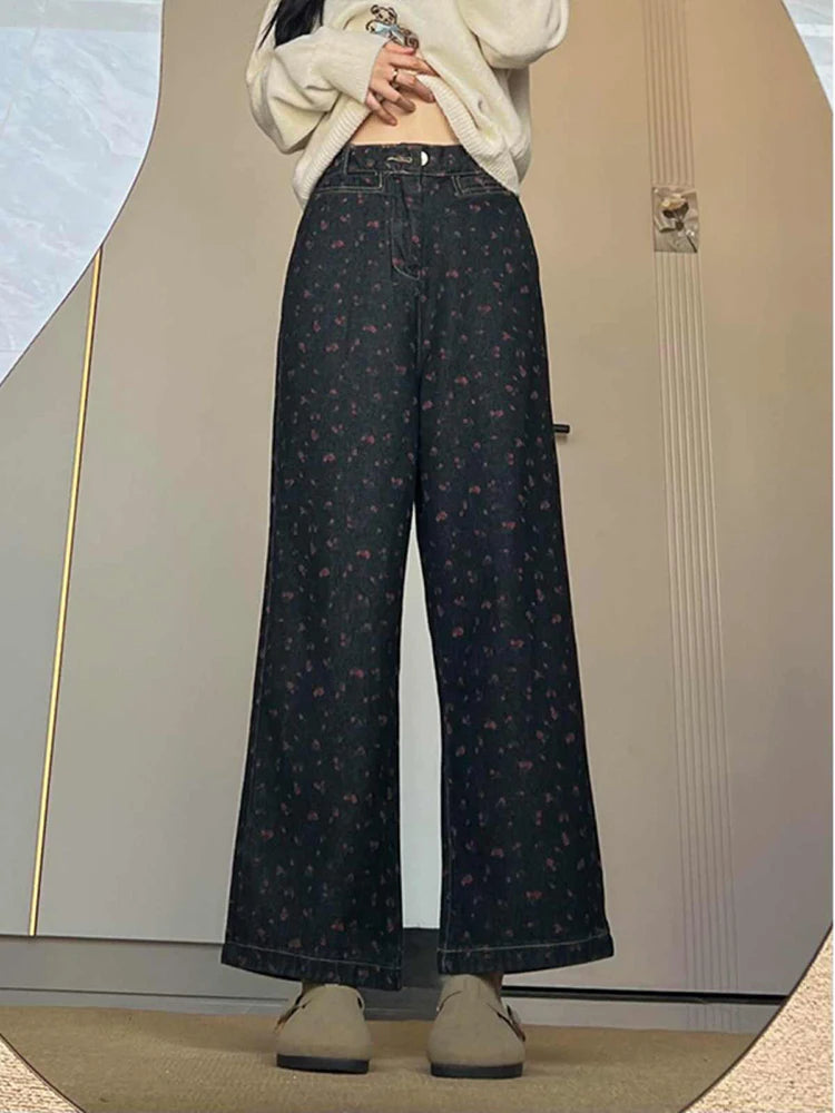 Vintage Floral Women's Jeans Spring/Autumn New High Waist Loose Straight Wide Leg Pants Fashion Niche Design Cowgirl Pants