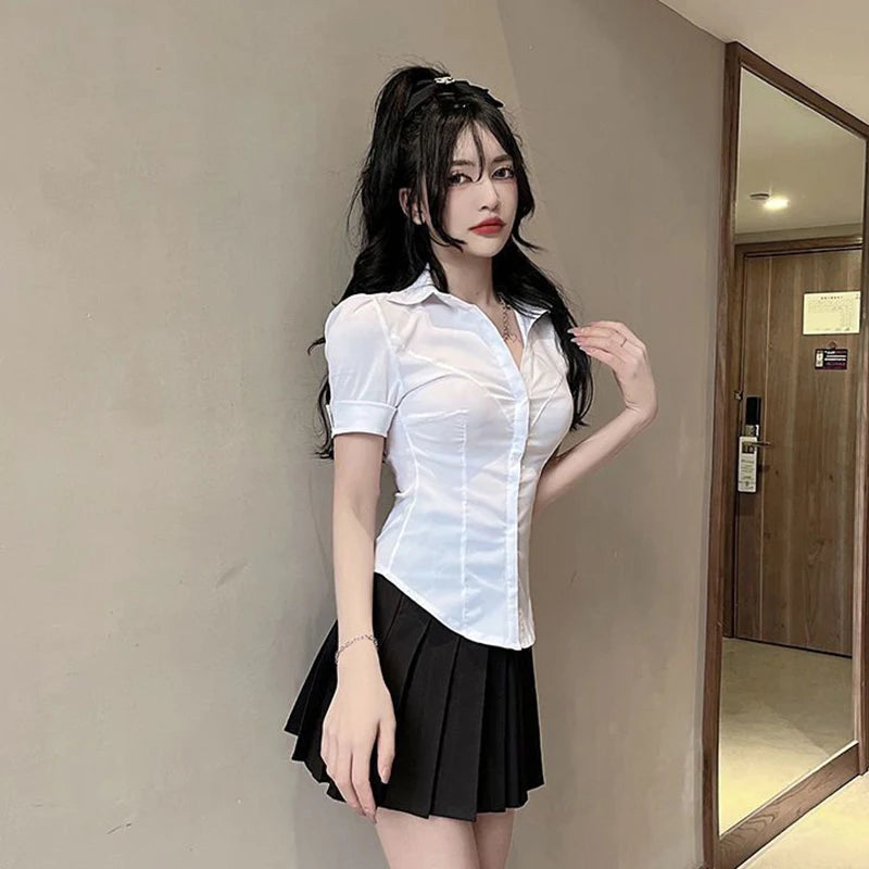 Xpqbb White Shirts for Women Korean Style Slim Fit Short Sleeve Cropped Blouse Ladies Preppy Style Student Turndown Collar Shirt