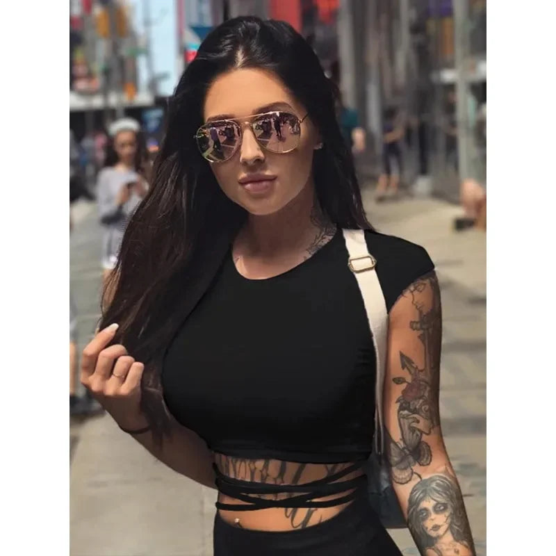 Summer Women Black Short T-Shirts Sexy Crop Tops Short Sleeve Bandage Tee Tops Female Shirts