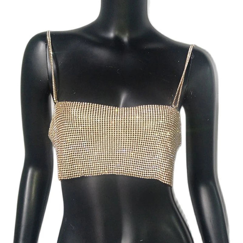 2022 Lantejoulas Brilhantes Cristal Corrente Regata Glitter Metal Malha Halter Alça Metálica Tops Curtos Festival Festa Sexy Roupas Femininas