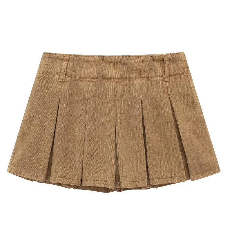 KEYANKETIAN 2024 Novo Lançamento Saia Plissada com Zíper Cintura Baixa Feminina American Retro Y2K Khaki A-Line Mini Culottes Spicy Girl Saia