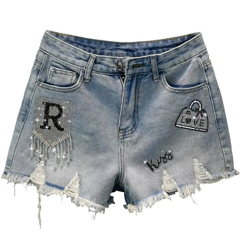 Tassel Hot drill torn Denim Shorts for women's 2024 Summer New Retro Slim Ragged Hot Pants Female Short Jeans Street Clothing