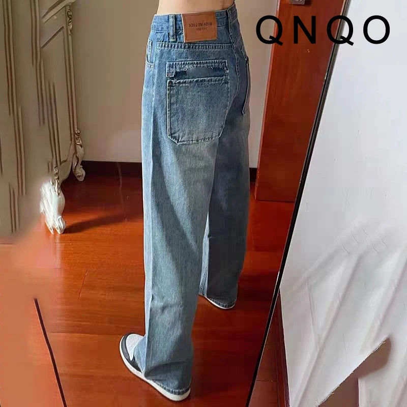 QNQO Jeans for Women Vintage Washed Comfortable Chic Casual Loose Denim Pants 2025 New Fashion Female High Waist Straight Jeans