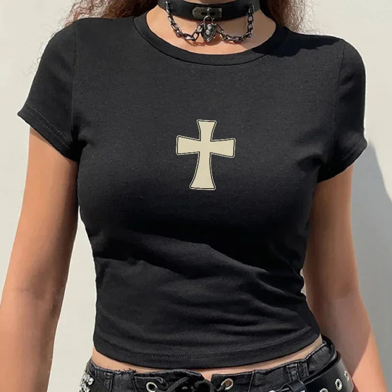 Street Y2K tops Cross Print Crop Top Feminino Moda manga curta O-pescoço Básico Slim Harajuku Tee E-Girls Vintage Gothic Tanks