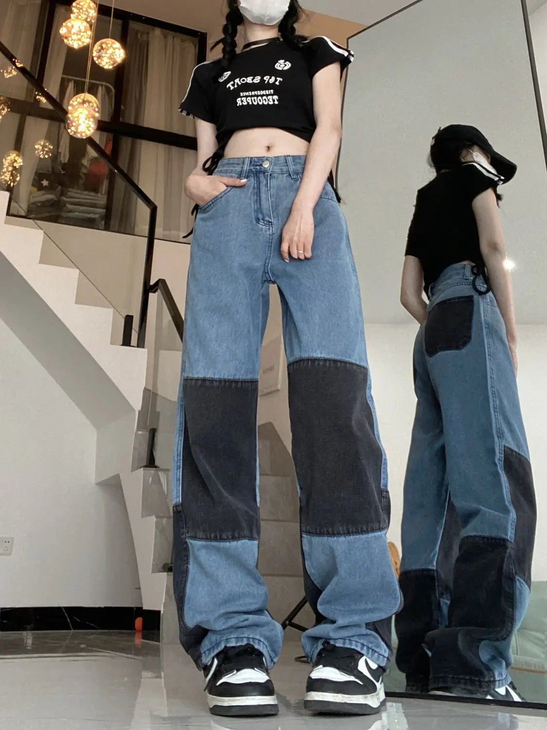 Retro Hot Girl Stitching Street Hip-hop Contrasting Color Stacked Jeans for Women High-waisted Straight Trousers Wide-leg Pants