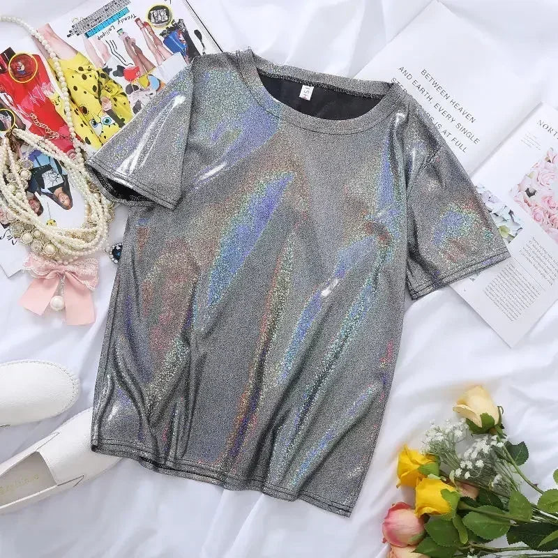 New Summer Retro Style Stylish Bright Silk Woman Tops Shiny Loose Short Sleeve T-shirt Sexy Club Aesthetic Harajuku Women Tshirt