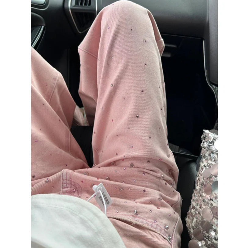 2025 Nova Primavera All-match Casual Rosa quente diamante Jeans Cintura Alta Stretch Slim Denim Calças Femininas Comprimento Tornozelo Jeans p1419