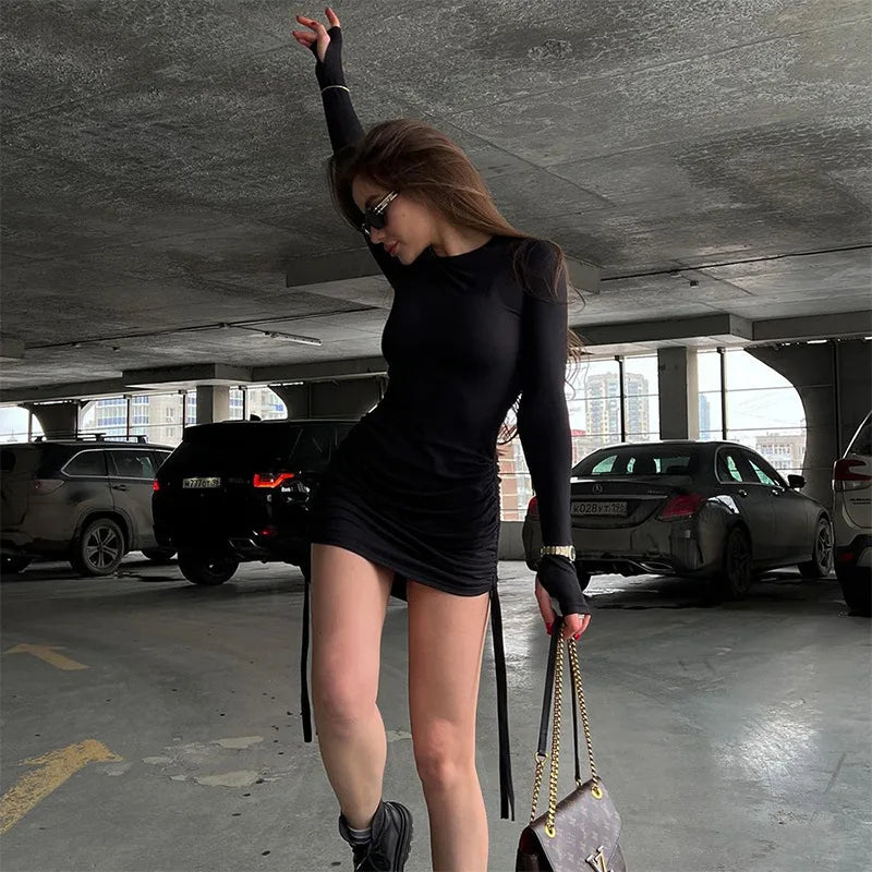 Y2K Long Sleeve Ruched Bodycon Dress Women Turtleneck Bandage Mini Dresses Autumn Black Skinny Stretchy Party Vestidos