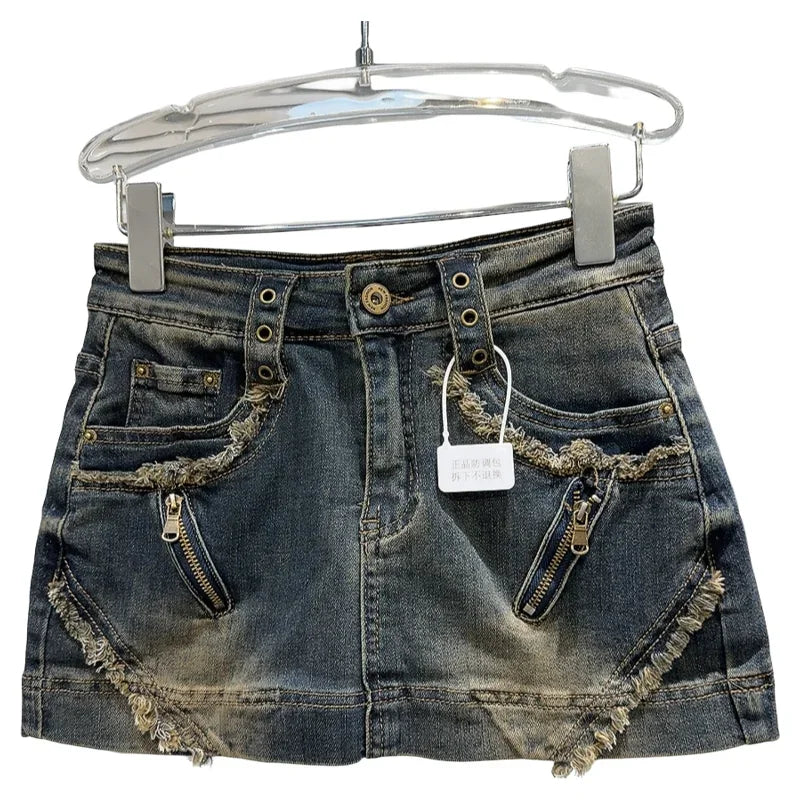 2024 Autumn Short Denim Skirt New American Hot Girl Frayed Old Zipper Wash Denim Skirt Street Hip Skirts for Women