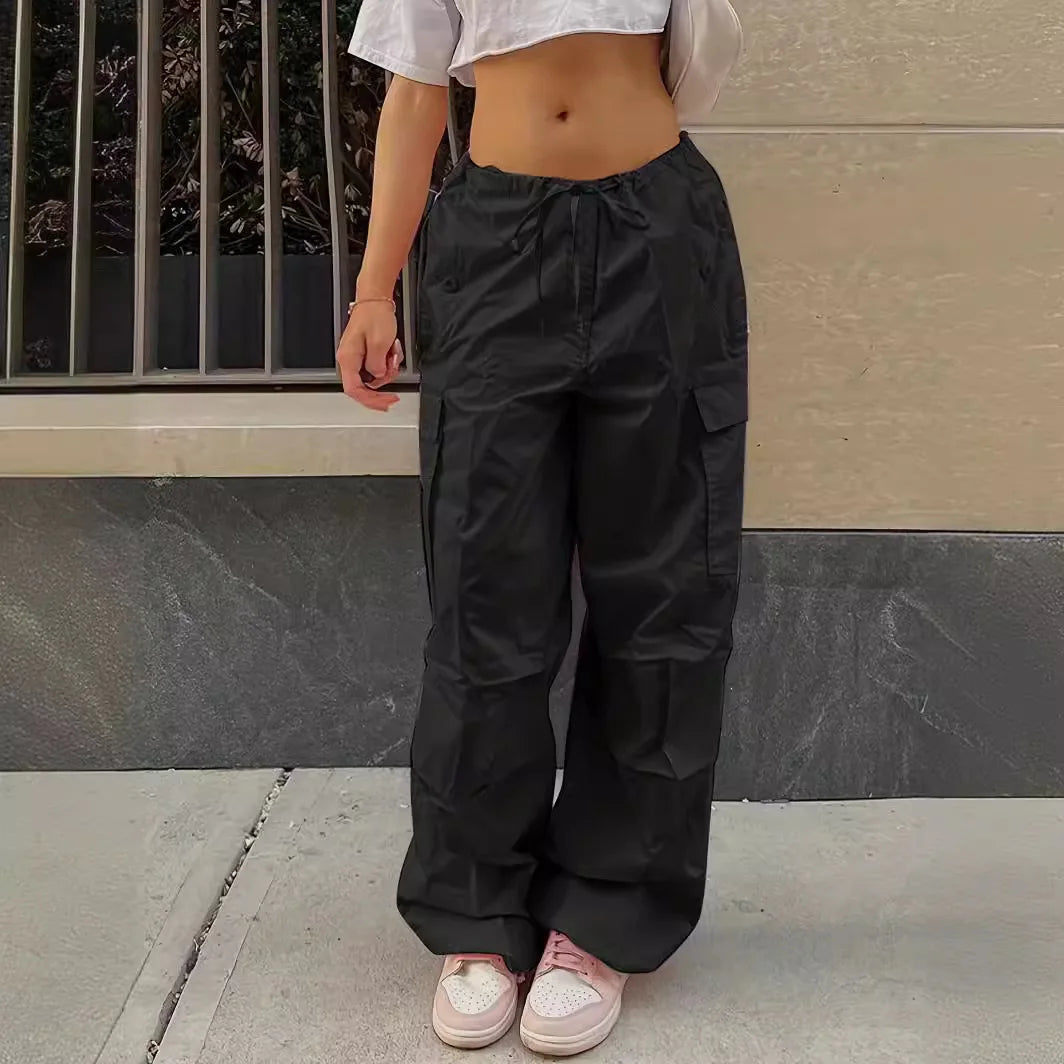 Spring Autumn Women Pants Solid Loose Drawstring Trousers Low Waist Streetwear Joggers Baggy Wide Leg Sweatpants Cargo Pants