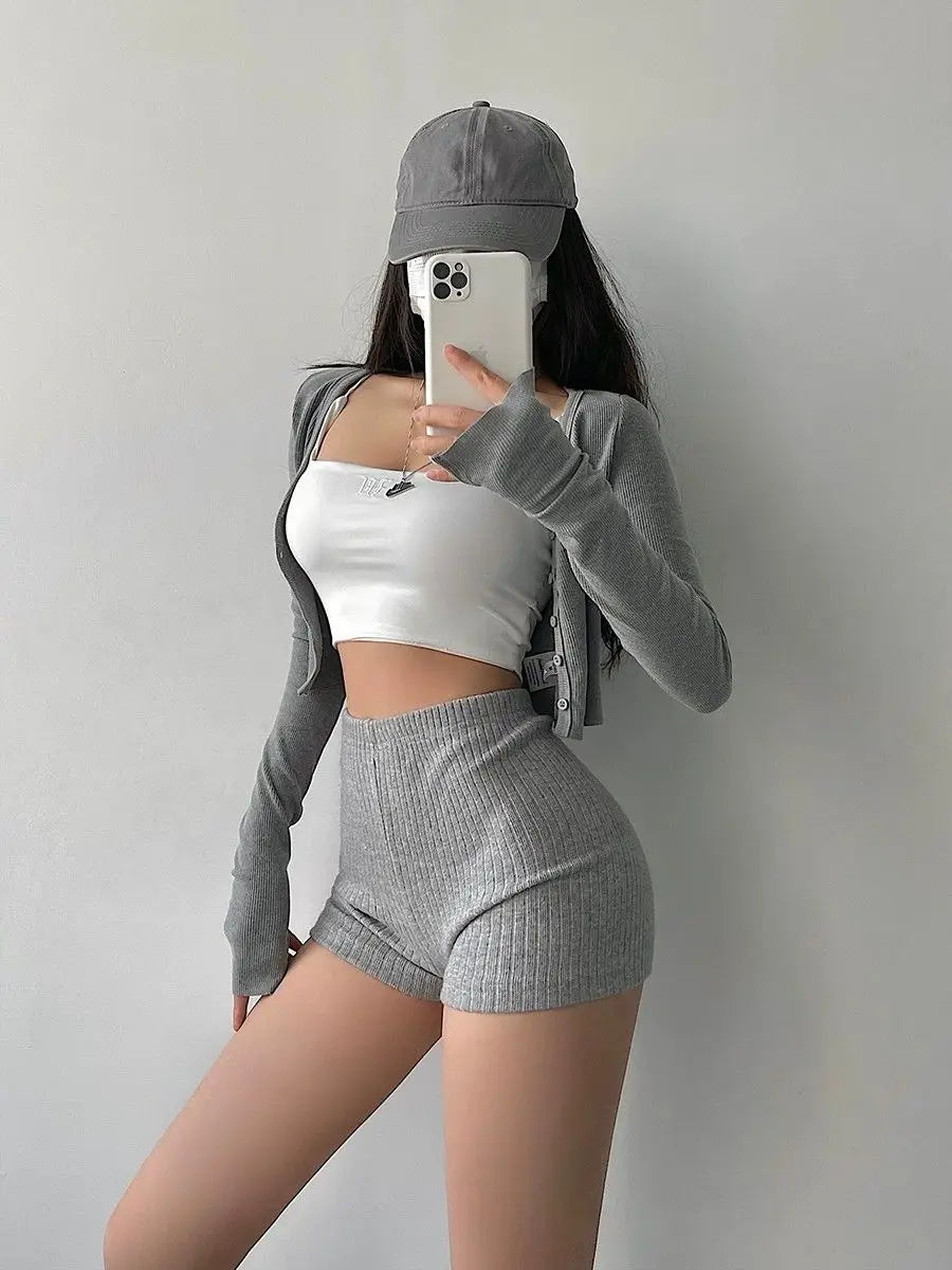 American Sexy Hot Girls High Waist Skinny Shorts High Waist Solid Color Slim Knitted Booty Shorts for Women Ropa De Mujer