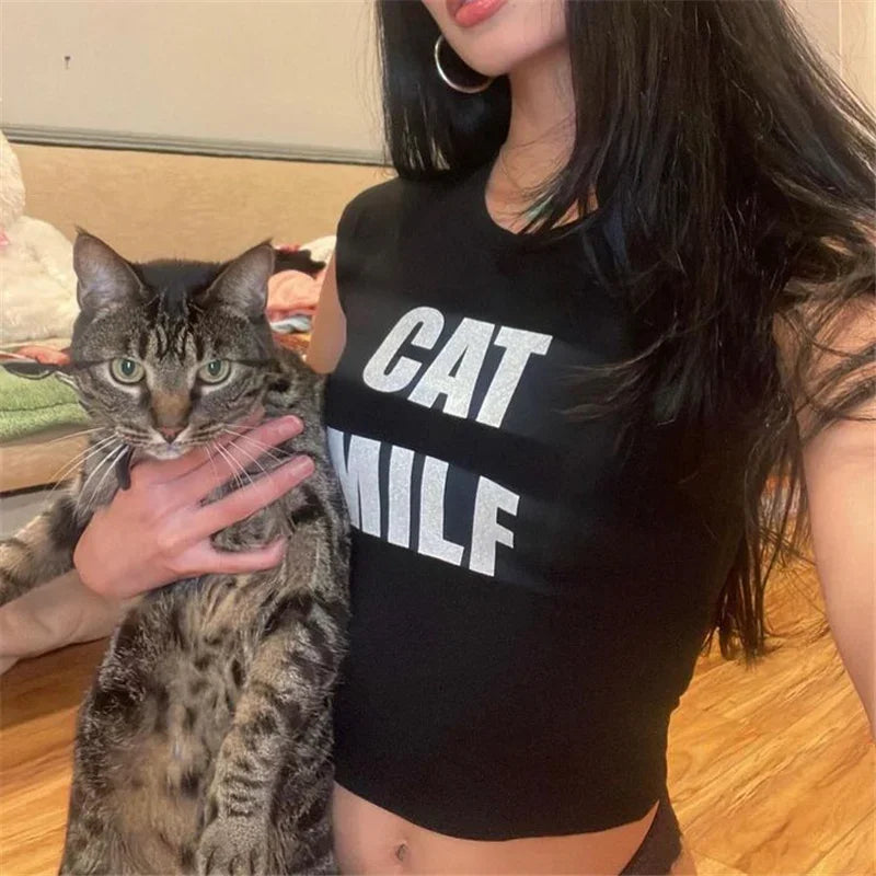 E-girl Gothic Grunge Crop Tops Mulheres Kawaii CAT MILF carta Imprimir manga curta camiseta Verão roupas femininas streetwear Emo