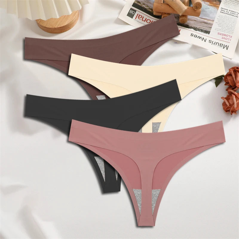 FINETOO 4PCS Silk Satin Seamless Underwear Low Waist Thongs Sexy Solid Color Bikini Underpants Female Stretch Intimates Lingerie