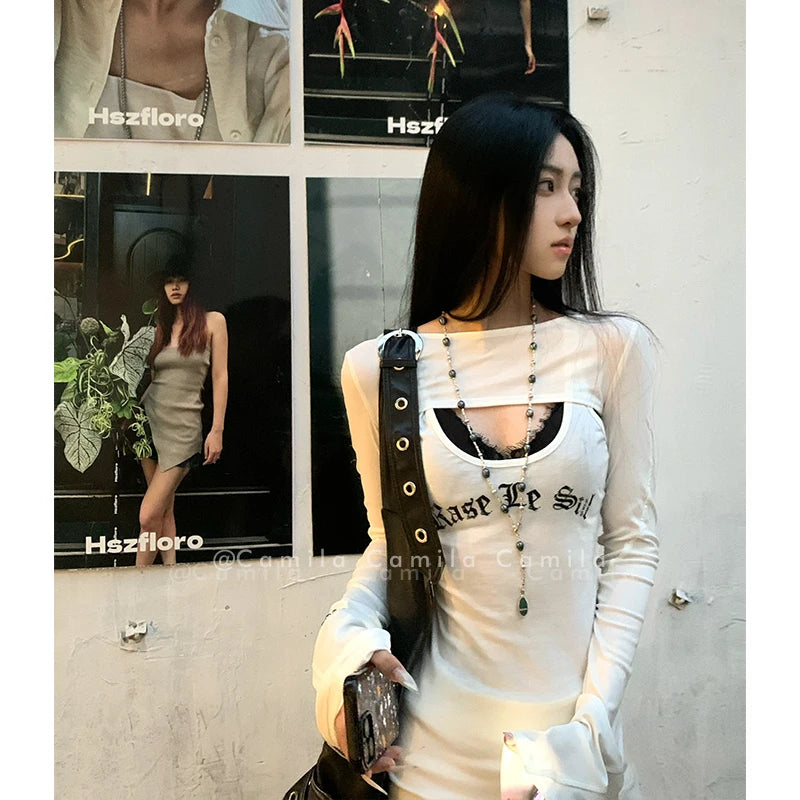 Tonngirls Korean Style T Shirt Women Print Letter Two Pieces Tops Y2k Vintage Tee Tops Streetwear Japanese 2000s Tshirts Grunge