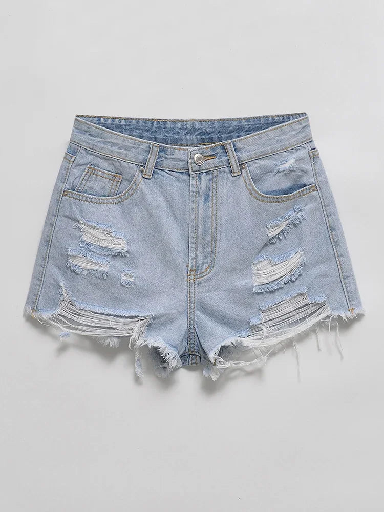 Streetwear Women High Waist Button Hole Frayed Denim Shorts Spring Summer Female Raw Hem Retro Jeans Shorts Bottoms