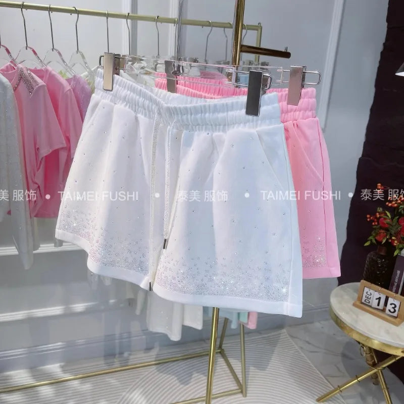 2024 Summer Design Heavy Embroidery Diamond Drills Shiny Wide Leg Slimming Shorts All-Matching High Quality Casual Short Pants