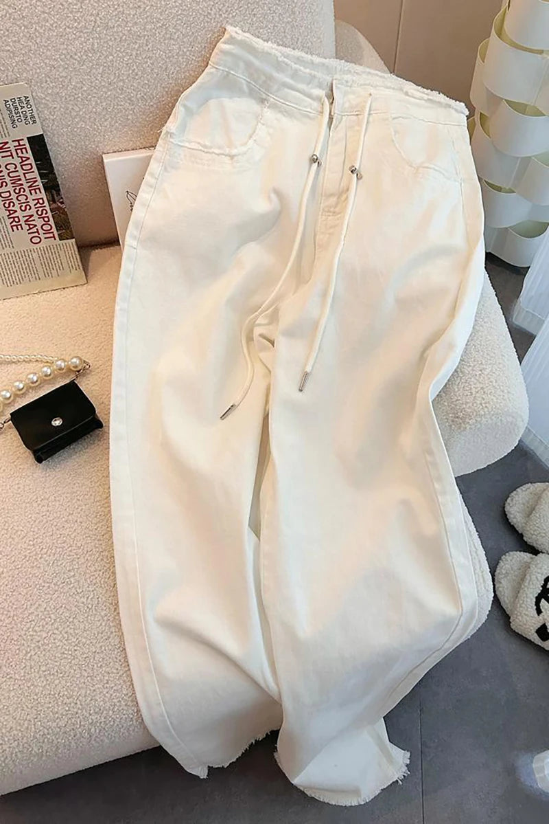 Bomon Design Waist Drawstring Adjustable Jeans For Women In Spring High Waist Loose Slim White Jeans Wide Leg Mopping Pants