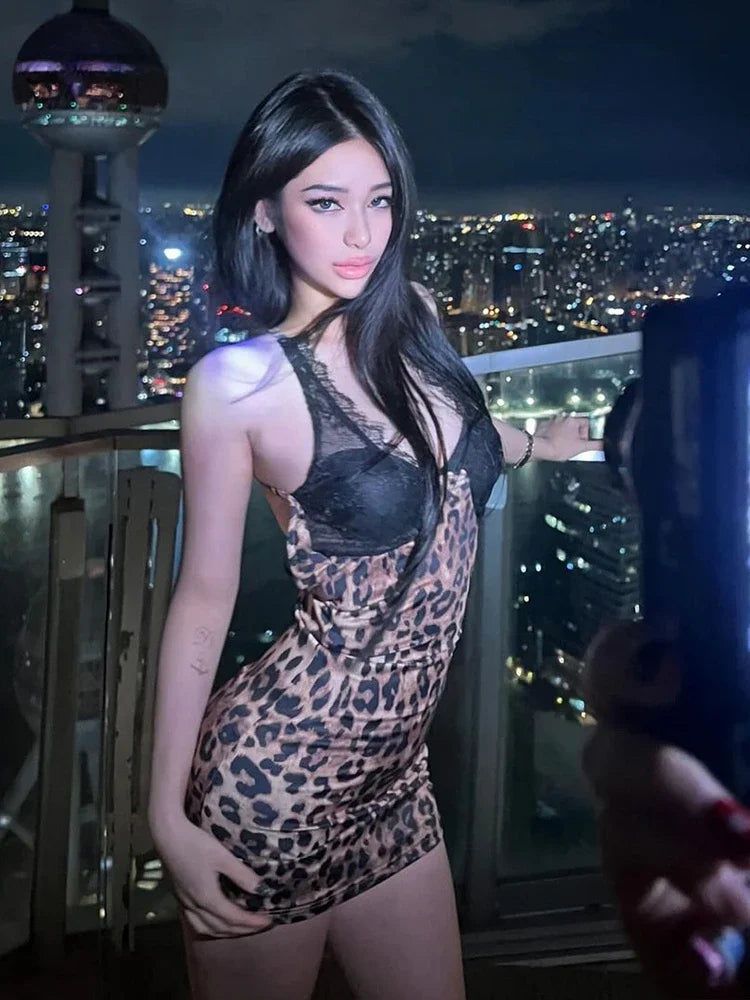 Backless Sexy Dress Women Party Leopard Print Patchwork Lace Halter Bodycon Summer Fashion Midnight Birthday Clubwear