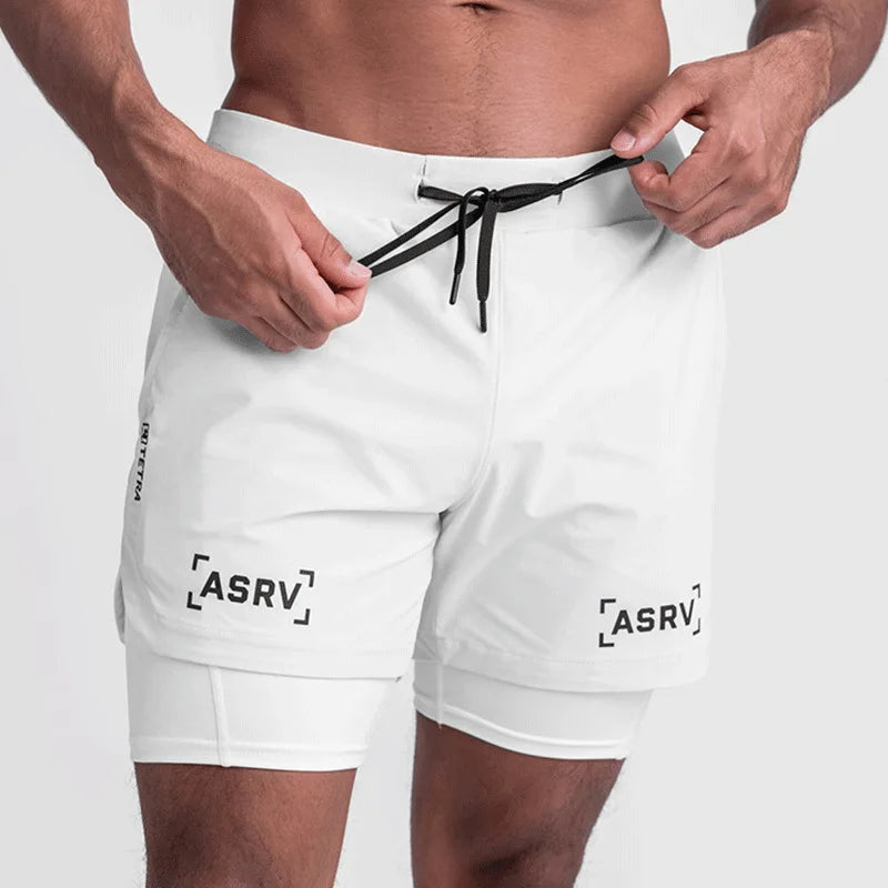 Masculino Academia 2 em 1 Secagem rápida Shorts casuais de dois andares Jogging Fitness Basquete Calças curtas Calças masculinas de treino esportivo de verão