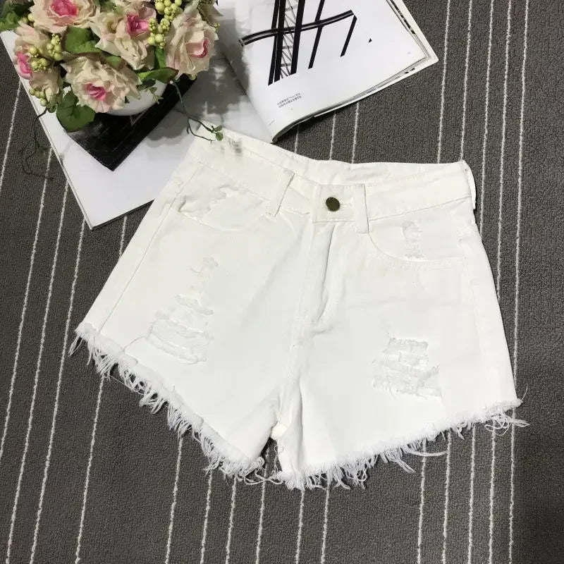 New Shorts Female Casual High-waisted Denim Shorts Female Summer Pocket Tassel Ripped Ripped Jeans Female Short Style Soft