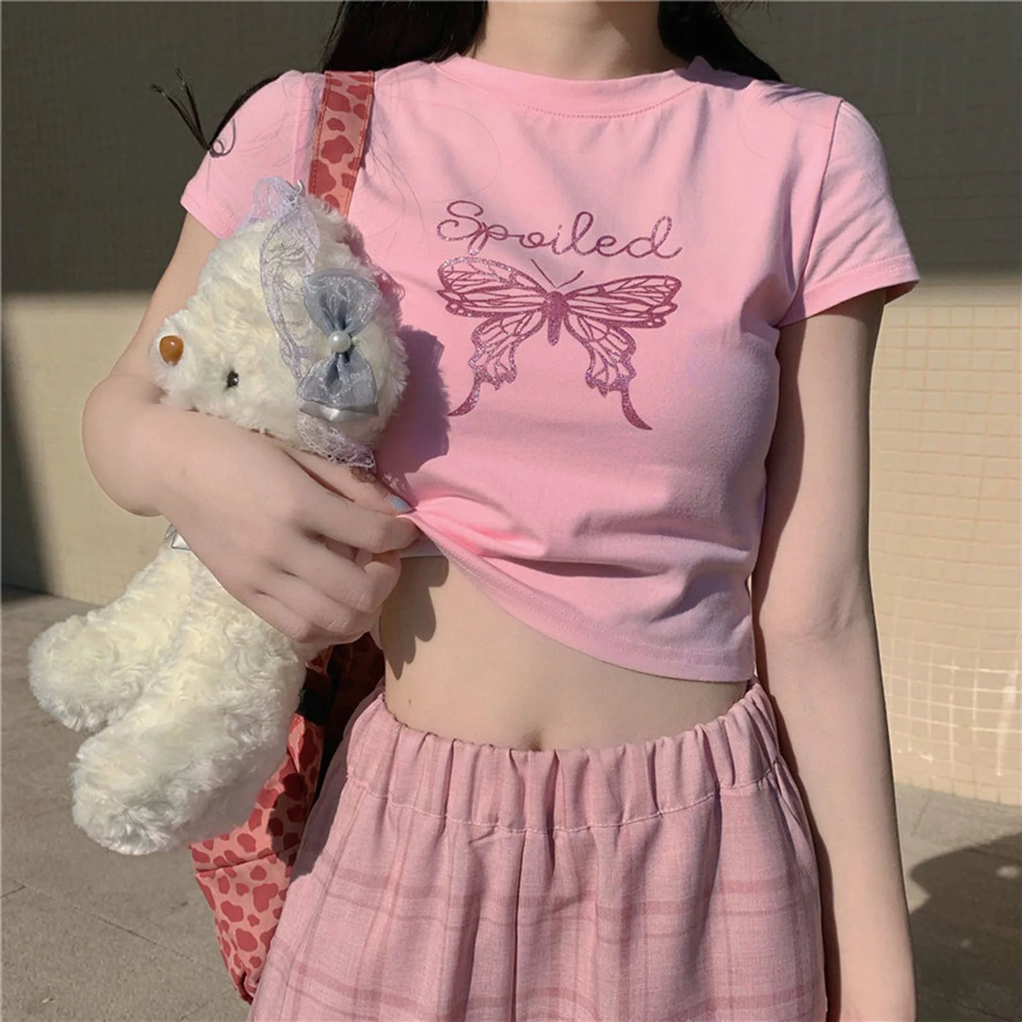 Cute E Girl Harajuku Pink T-Shirts Women Summer Casual Short Sleeve Glitter Butterfly Print Y2K Crop Top Fairy Aesthetic Clothes