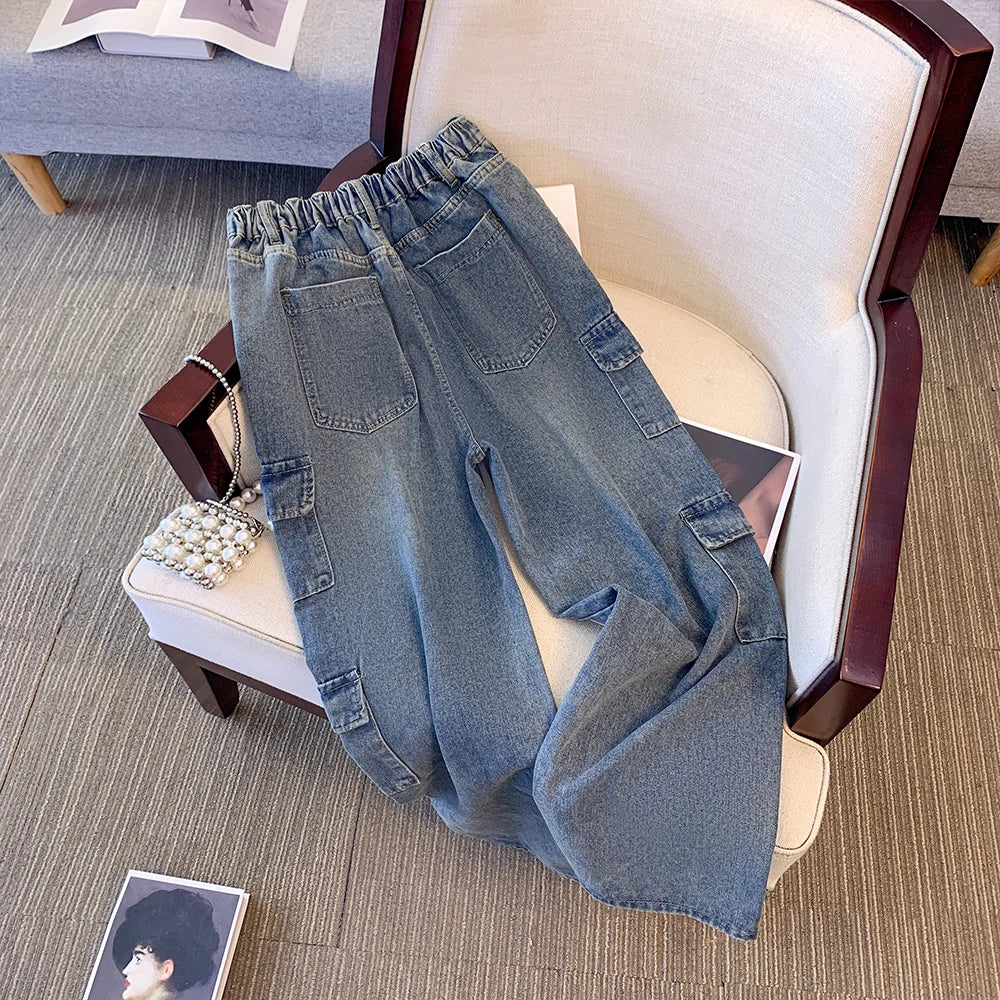 Fall 2024 new street style plus size jeans women's casual pants Gray all-in-one overalls multi-pocket commuter denim pants