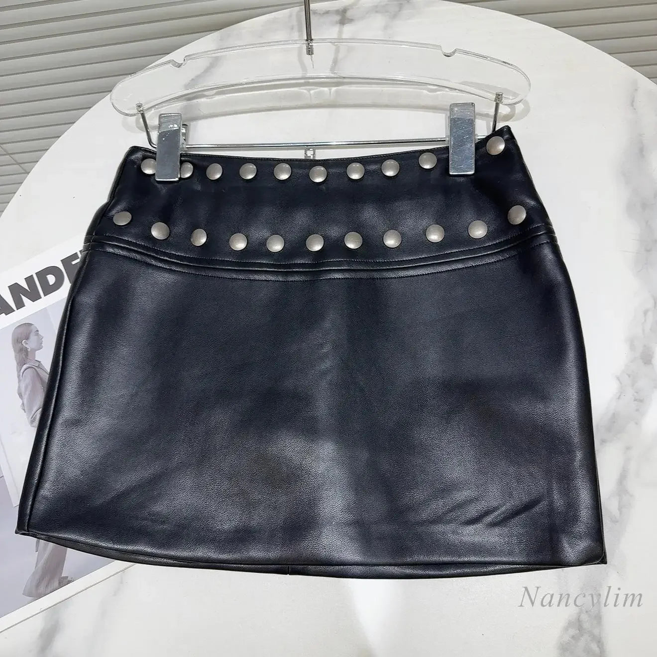 2025 Spring New Dark Cool Spicy Metal Rivets Waist PU Leather Fabric Leather Skirt Hip Skirt for Women