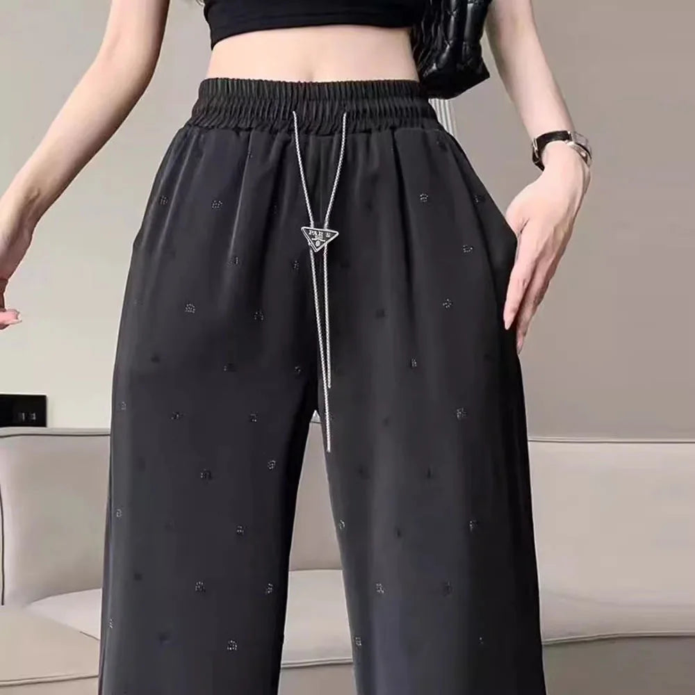 Acetic Acid Satin Hot Diamond Wide Leg Pants For Women's Summer Long High Waist Straight Trousers Ladies Elegant Slim Long Pants