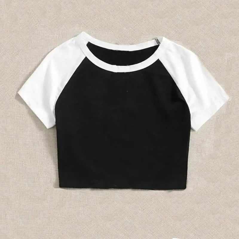 Solid color patchwork short style kawaii Women's Top T-Shirt clothes crop top E-girl Aesthetic Harajuku Round Neck Short Sleeve