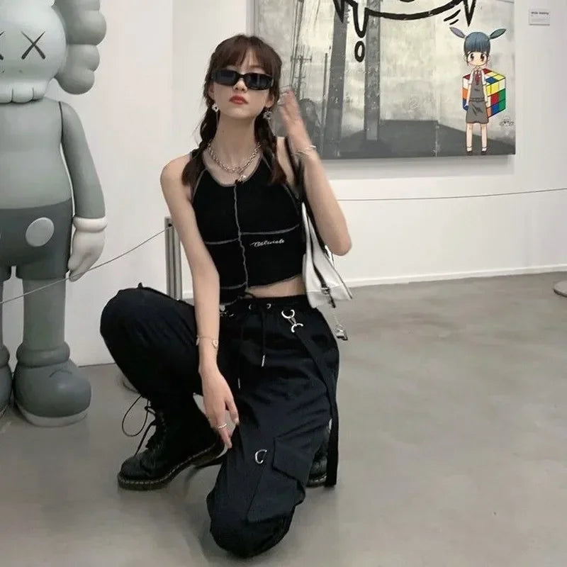 New Harajuku Goth Jogging Cargo Pants Women Streetwear Black High Waist Solid Color Oversized Pants Casual Trousers Female